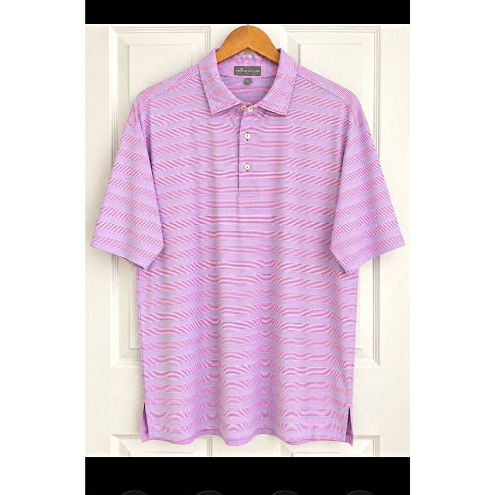 Peter Millar Summer Comfort Men’s L Pink/Blue Striped Polo Short Sleeve Stretch
